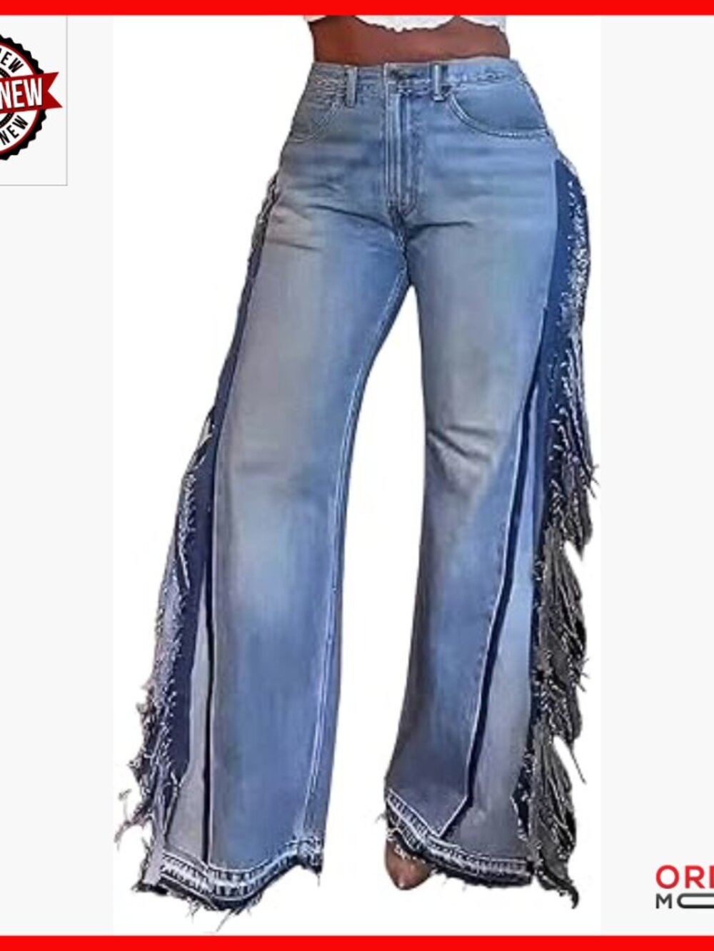 Distressed Wide Leg Denim Pants High Waisted Frayed Tassels Patchwork Baggy